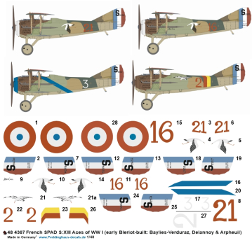 Peddinghaus-Decals 1/48 4367 French SPAD S:XIII Aces of WW I ( early Bleriot-built: Baylies-Verduraz,Deelannoy & Arpheuil)