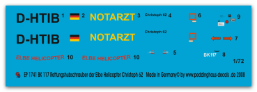 Peddinghaus-Decals 1:72 1741  BK 117 Resue helicopter D-HTIB of the Elbe Helicopter Christoph 62