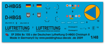 Peddinghaus-Decals 1/48 2006 Bo 105s rescue helicopter of the german Luftrettung D-HBGS Christoph 8