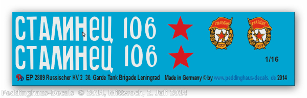 Peddinghaus-Decals 1:16  2809 markings for KV 2 30. Tank Brigade