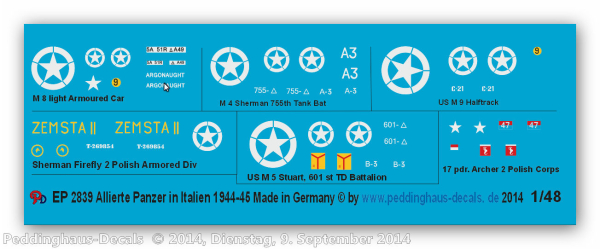 Peddinghaus-Decals 1:48 2839 Markings for alliert tanks in Italy 1944-45