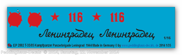 Peddinghaus-Decals 1:16  2882 T 34 /85 markings for a russian tank of the tankbrigade Leningrad